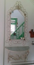 Vintage Retro 1950-60s Wrought Iron & Glass White Metal Scroll Leaf Table Mirror