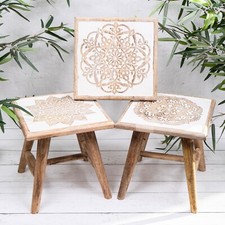 White Washed Rustic Stool Shabby Chic Wooden Hand Carved Mango Wood Plant Stand