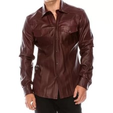 Men's Real Lamb Leather Shirt Long Sleeves Burgundy Lamb Lather Shirt