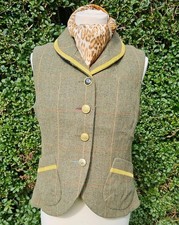 JOULES BEVERLEY UK 12 TWEED WAISTCOAT GILET TOAD GREEN CHECK VELVET SHOW HORSE