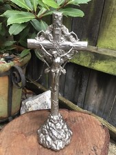 Vintage French crucifix chapel church altar table chrome metal 1930/40's 15.5"