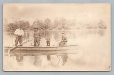 Men Fishing w Springer Spaniel Dog RPPC Antique Boat Photo Postcard 1910s