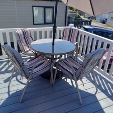 Glass Topped Metal Garden Furniture Set Table with 4 Chairs and Cushions Patio