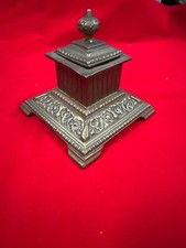 Ink Well Stand Corinthian Column Ornate Antique Brass Hinged-Lid - No Liner