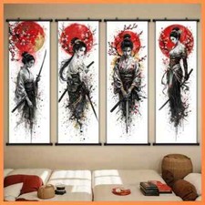 4pcs Japanese Swordsman Canvas Scrolls Size : 120 x 40 cm Wall Art Home Decor