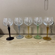 Set of 5 Vintage Mid-Century Modern coloured Stemmed etched Wine Glasses