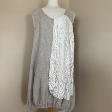 Sarah Santos Sleeveless Top Lagenlook Oversized Linen & Lace Beige Size No Tag