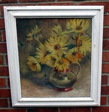 Edwardian antique original oil painting on canvas still life sunflowers framed