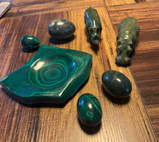 Vintage Malachite Rhino, Hippo, Eggs & Bowl, Great Condition, Small Chip To Bowl