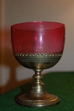 collectable vintage rose glass and metal vase or chalice