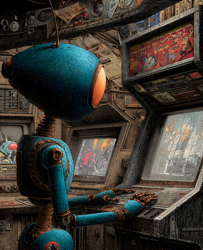 Blue robot working a - at,