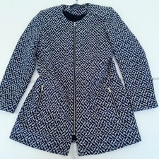 ZARA Coat Large Blue Womens Collarless Patterned Full Zip
