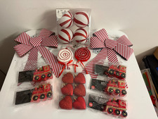 Christmas Baubles RED/WHITE Bows Baubles Trains 19 pieces