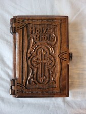 Wood Carved Holy Bible Gospel Book King James Version Beeswax Coating RARE