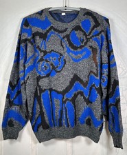 Vintage 1980s Wham! grey marl electric blue abstract knitted jumper, M / 38-40"