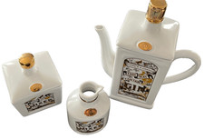 GIN TEAPOT, SUGAR POT WITH LID & MILK JUG CERAMIC WHITE & GOLD HOME PARTY BAR