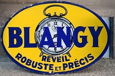 Old French enamel advertising sign plaque Blangy Reveil alarm clocks two faced