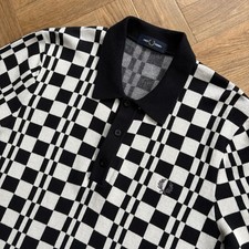 Fred Perry Short Sleeve Chequerboard Knitted Polo Shirt Black White Size Large
