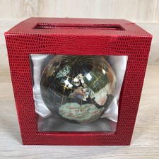 Inlaid Semi Precious Stone WORLD GLOBE Black 3.5 " Paperweight Desk Decor w/Box