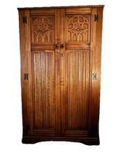 Restored Oak Hallrobe: shelves, pull-out rail, ornate hinges, lock with key.