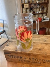 Vintage Tall Glass Juice / Water / Cocktail Jug with Red / Pink Flowers