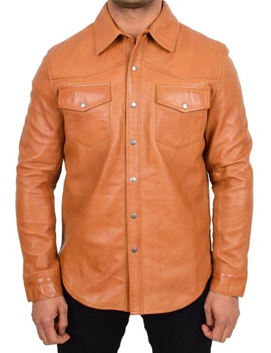 Men tan leather shirt 100 - tan,