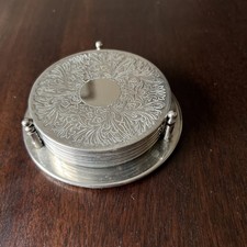 SILVER PLATED PLATE CUP SIX COASTER SET WITH STAND