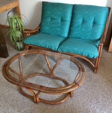 mid century wicker 2 seater chair and coffee table set
