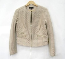 Karen Millen Jacket UK 14 Leather Biker Coat Full Zip Short Beige Preloved