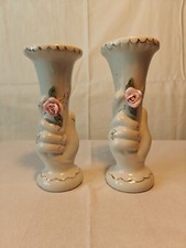 BEAUTIFUL PAIR OF CERAMIC TRUMPET VASES WITH ROSE AND HAND RELIEFS, 18cm