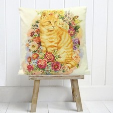 Ginger Cat Cushion Cover Decorative Flowers Gift Country Style Watercolor Art