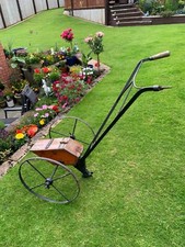 ANTIQUE GARDEN SEED DRILL H. BURLINGHAM EVESHAM WOODEN BOX AND METAL WHEELS VGC