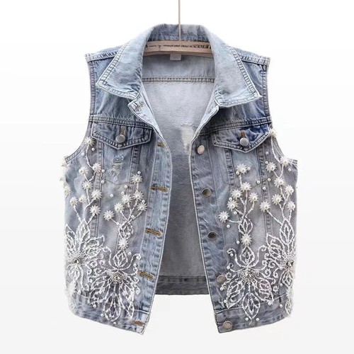 Women casual beaded denim vest - denim,