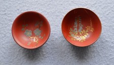 2 x Lacquered Red Sake Cups with a Floral Pattern