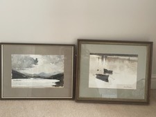 2x George Thompson Original Watercolours Lakes Mountains Boats Wales  Snowden