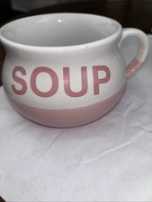 Large Pink And White ‘soup’ Mug 10cm In Diameter At The Neck