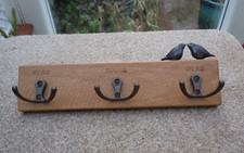 Natural Oak wall mounted key rack 6 hooks Handmade UK Metal Birds