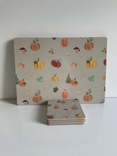 NEW SET 4 PUMPKIN GREY ORANGE RED PLACEMATS 4 MATCHING COASTERS PLACE SETTINGS.