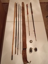 Vintage Fishing Rods and Reels, Three Rods, Two Reels, One Net Holder