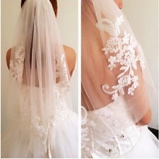 Short 1T Ivory Bridal Veil with Comb Lace Applique Crystal Wedding Veils New