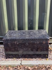 Vintage Large Black Metal Travel Steamer Rivet Trunk Storage Chest - 38" 