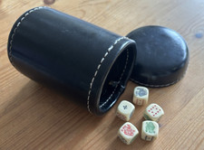 Vintage Leather (?) Poker Dice Shaker lid white stitching 5 die french english