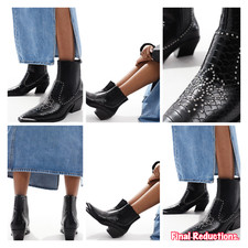SALE BLACK MOCK CROC LADIES SIZE 4 STUD DETAIL MID CUBAN HEEL COWBOY ANKLE BOOTS