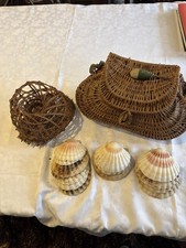 Antique wicker fishing creel fromJersey With Scallop Shells and crab pot ? 