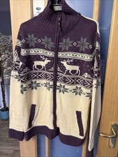 Soulstar Mens Size Large Full Zip Cardigan Reindeer Nordic Purple Cream