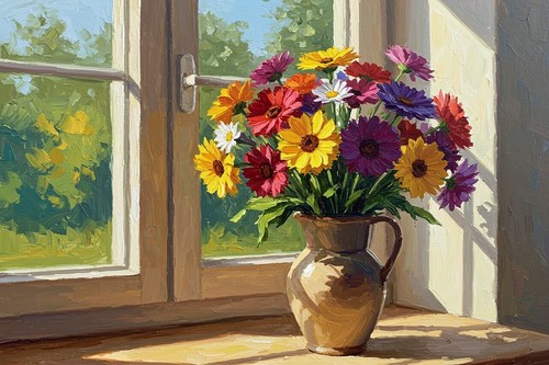 Flower vase next - to, window