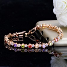 Elegant Multicolor Cubic Zirconia Round Tennis Chain Link Bracelet Gold Plated