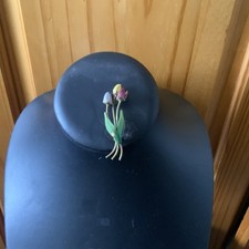 Vintage Art Deco Brass Enamel Tulips Flowers Bouquet Brooch