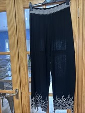 Primark Cheese Cloth? Trousers Size 14 Black Embroidered Scalloped Design Vgc