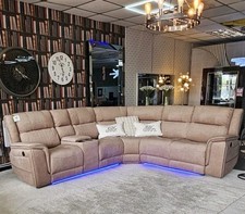 Hannah Beige Microfibre Fabric Electric Recliners Corner Sofa- USB/ Blue LED 